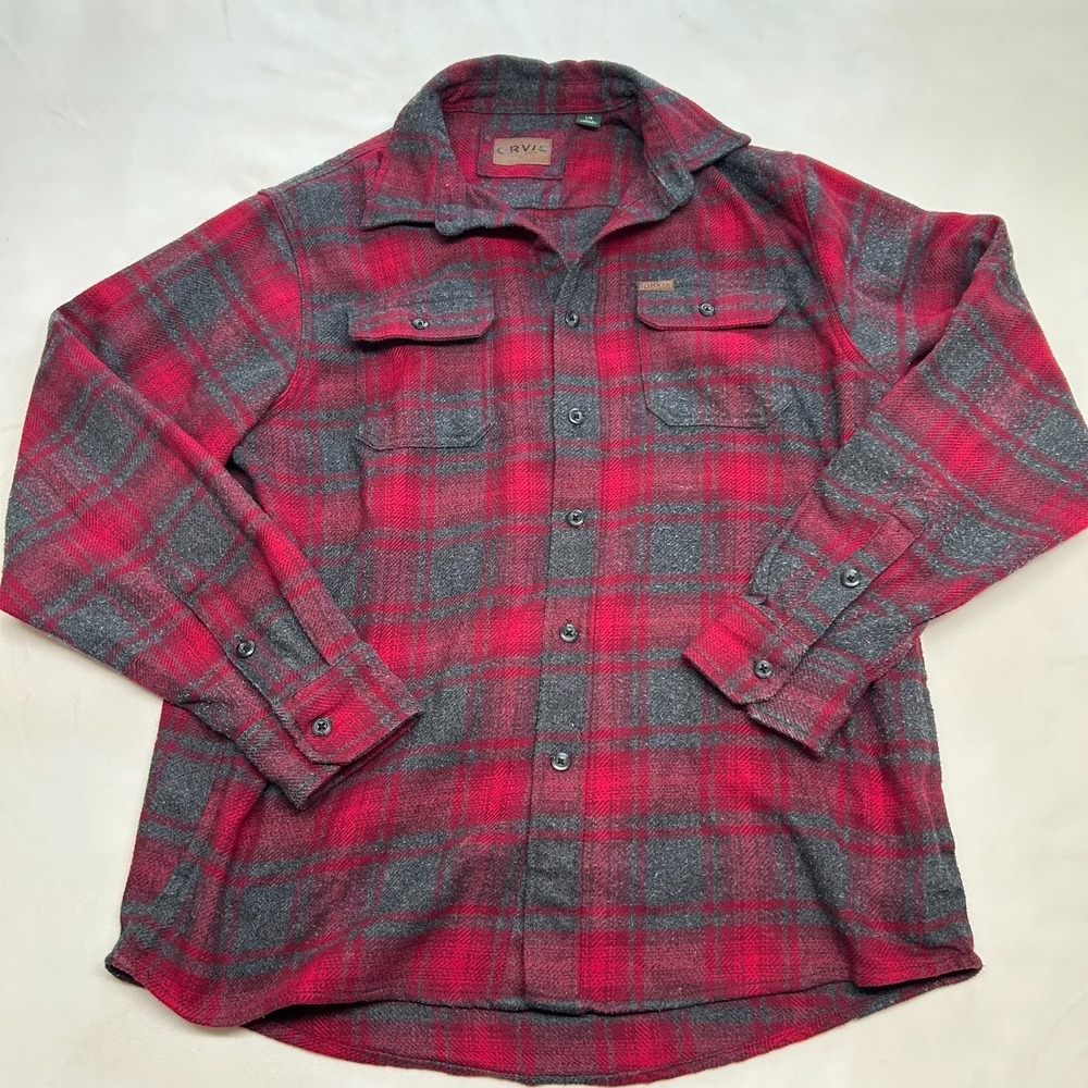 Orvis Flannel Shirt Jacket Mens Large Red Gray Plaid Button Front Heavyweight